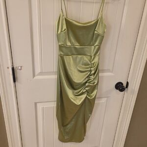 Windsor Light Olive Satin Midi Slip Dress